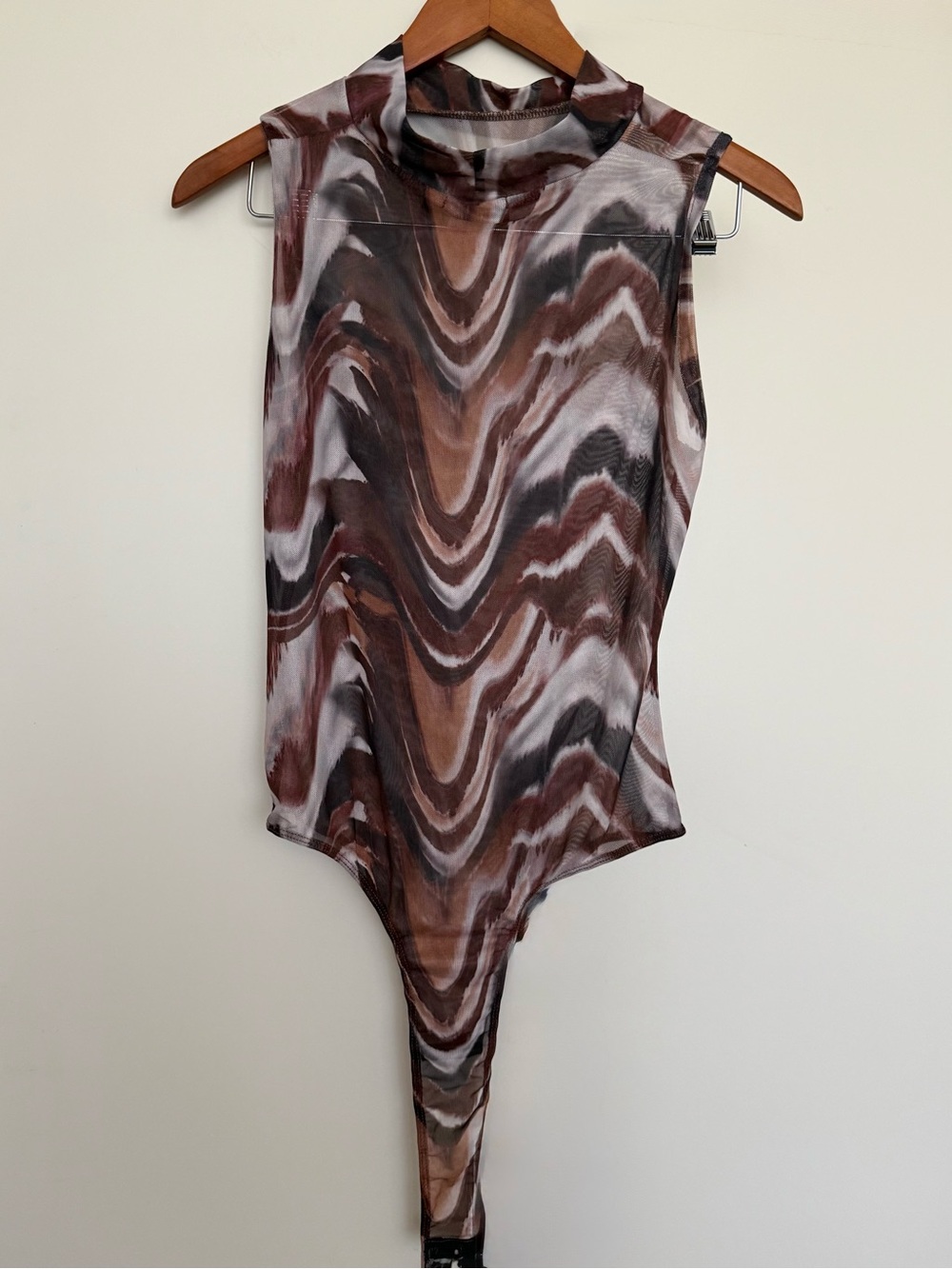 Y2K PrettyLittleThing Sheer Mesh Mockneck Bodysuit Brown Black Marble L Festival